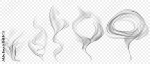 Set of several realistic transparent gray smokes or steam, for use on light background. Transparency only in vector format