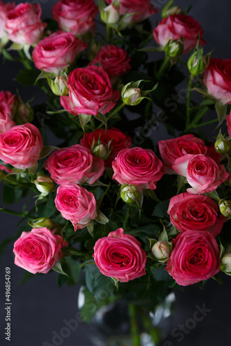 Beautiful bouquet of pink  red  roses bushes on a black background. Selective focus  close-up.