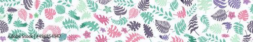 Banner with exotic jungle plants. Tropical palm leaves and flowers. Rainforest illustration  multicolored on white background  with seamless horizontal repetition