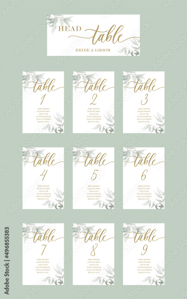 Wedding set of calligraphy guest seating card, template with number and elegant calligraphy.