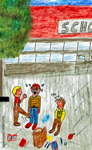 Bullying and violence at school. A red-haired, old-fashioned dressed boy with glasses is kicked by a classmate. The red-haired boy cries. Another classmate laughs at this. 