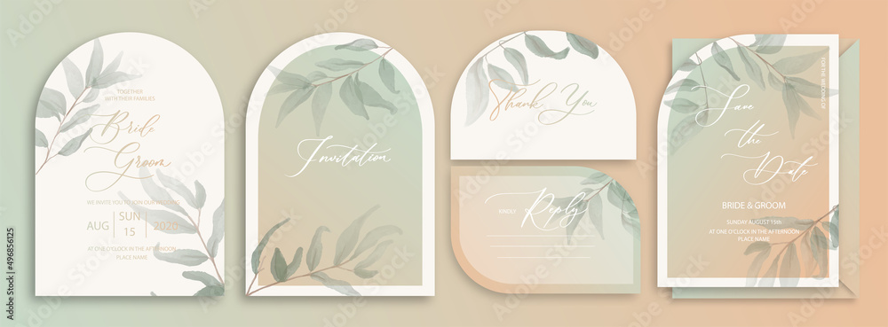 Luxury arch wedding invitation card background with green watercolor botanical leaves. Abstract floral art background vector design for wedding and vip cover template. - obrazy, fototapety, plakaty 
