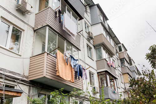 View of Khrushchyovka, common type of old low-cost apartment building in Russia and post-Soviet space. Kind of prefabricated buildings. Built in 1960s. Russia, Vladivostok.