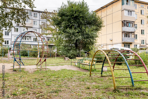 Courtyard of Khrushchyovka, common type of old low-cost apartment building in Russia and post-Soviet space. Kind of prefabricated buildings. Built in 1960s. Russia, Vladivostok.