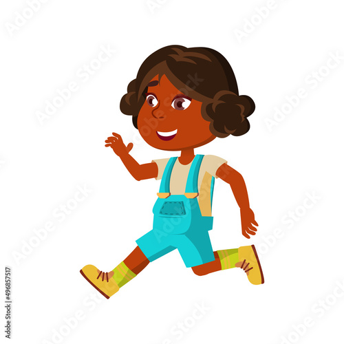 Girl Child Running And Jump On Playground Vector. Preteen African Kid Jumping With Positive Expression. Character Little Lady Sportive Active Time Outdoor Flat Cartoon Illustration