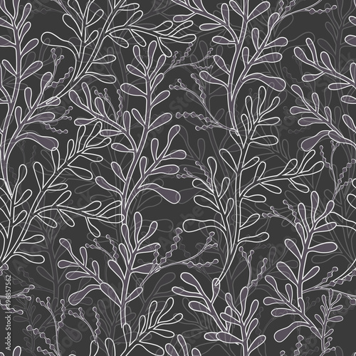 Silhouettes of identical leaves seamless pattern. Vector hand drawn illustration in simple scandinavian doodle cartoon style. Isolated white branches on a gray background.