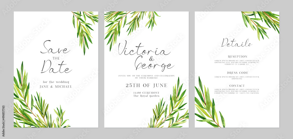 Watercolor hand painted botanical rosemary branches and flowers. Watercolor illustrations isolated on white background, premade wedding invitation, save the date frame template 