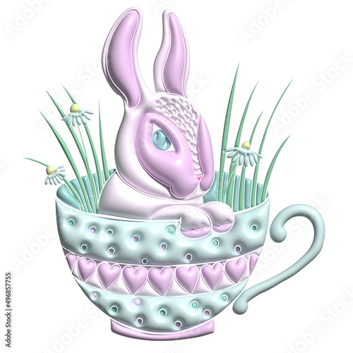  Cute easter bunny in the cup.Pastel purple and blue colors rabbit 3D illustration isolated on white backgroud. Happy easter greeting card..Suitable for nursery and post card design.