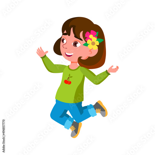 Jumping Happy Girl Child Enjoying Nature Vector. Caucasian Little Schoolgirl Running And Jumping On Park Meadow And Enjoy Life. Character With Positive Emotion Flat Cartoon Illustration