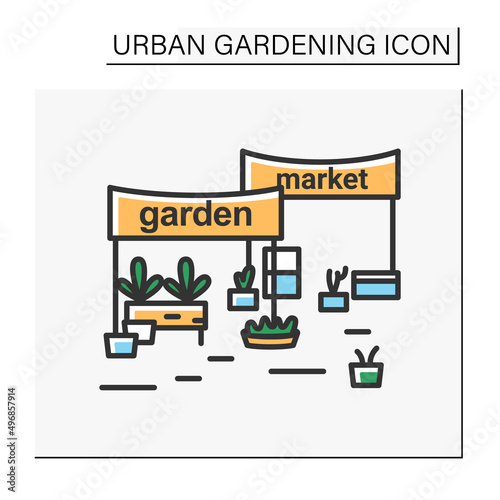 Garden market color icon. Natural eco products fair. GMO free, organic produce. Street marketplace. Houseplant selling. Urban gardening concept. Isolated vector illustration photo