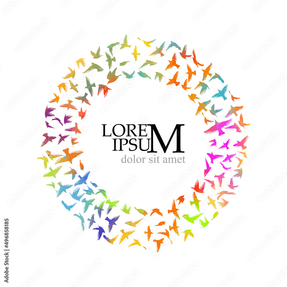 Round colorful frame of flying birds. Vector illustration . Vector illustration, design templates. Birds in a flat style, a place for text.