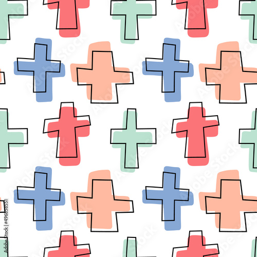 Seamless background with multi-colored crosses in linear style. Vector illustration