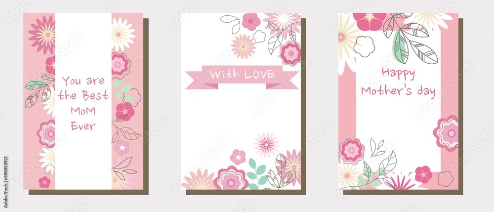 Set of Mother's day illustration template, Happy Mother's day frame collection decoration with floral pattern. Cover illustration. Template, frame and design elements. Vector illustration.