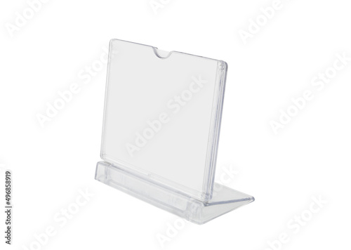 Transparent desk display isolated on white background. Advertising stand banner with copy space for text. Mock up template.