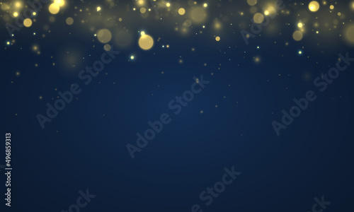 Blue lights bokeh, golden sparkles background.
