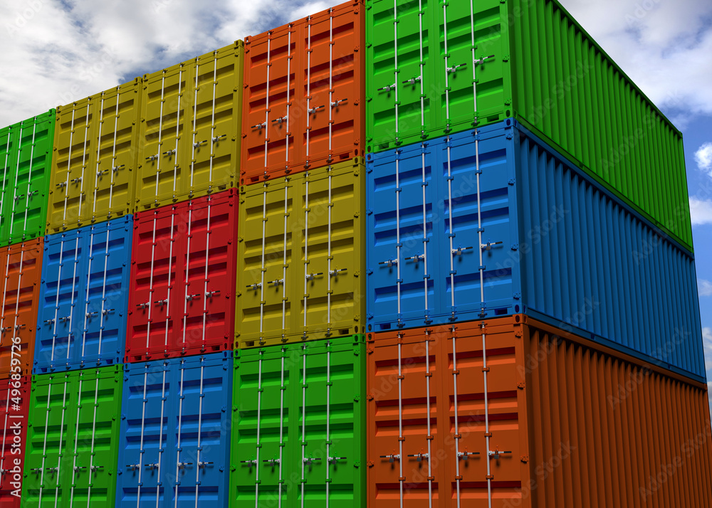 Fototapeta premium The wall of large metal container closed with locks for transporting cargo by sea and rail