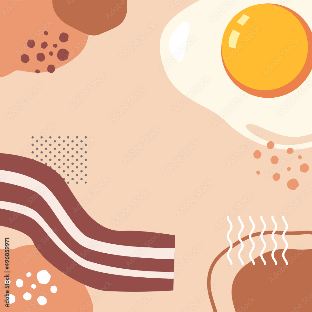 Breakfast background with bacon, fried egg decorating with wavy lines, dots and abstract shapes. Good morning vibes. Enjoy meals lifestyle. Background for posting emotion on social media.