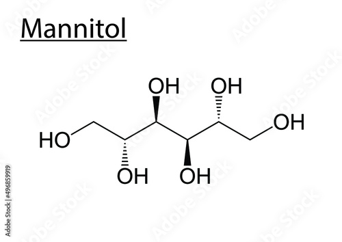 Vector of the chemical molecule structure of Mannitol (Sweetener) on a white background
