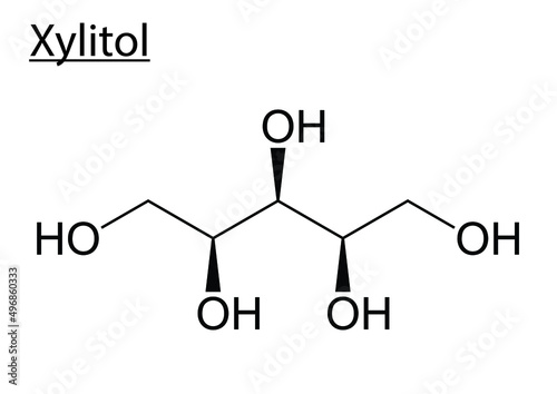 Vector of the chemical molecule structure of Xylitol (Sweetener) on a white background