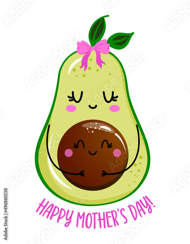 Happy Mother's Day - Cute hand drawn pregnant avocado illustration kawaii style. Mother's Day color poster. Good for greeting cards, banners, textiles, gifts, shirts, mugs. Baby clothes