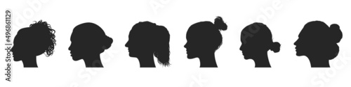 Women and girls face silhouette profiles isolated on white background. Female social network community, haircut, beauty, talk, friendship, speak or share information concept. Vector illustration