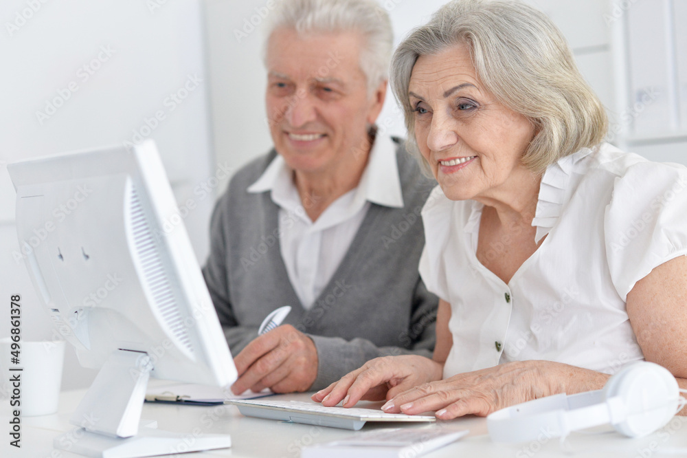 Portrait of smiling senior people working with computer at home Portrait of smiling senior people working with computer at home