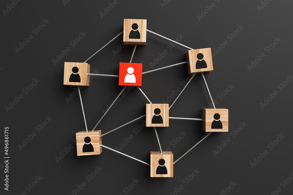 Wooden blocks with people icon with one standing out from the group on a black background. Concept of innovation, solutions, uniqueness, individuality and thinking differently. 3d rendering. Wooden blocks with people icon with one standing out from the group on a black background. Concept of innovation, solutions, uniqueness, individuality and thinking differently. 3d rendering.