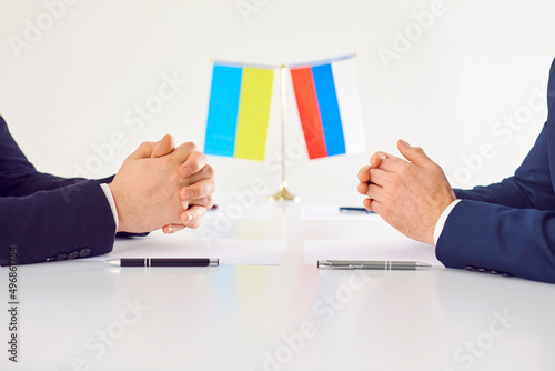Ukraine and Russia state representatives negotiate to cease Russian Federations war invasion, end special operation, sign peace treaty and stop conflict in Donetsk and Luhansk republics in Donbass