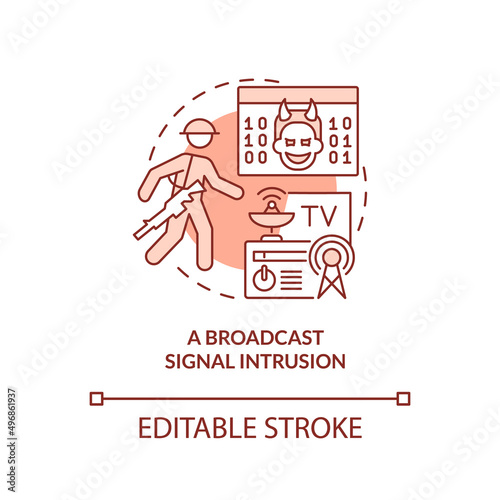 Broadcast signal intrusion red concept icon. Form of information warfare abstract idea thin line illustration. Isolated outline drawing. Editable stroke. Arial, Myriad Pro-Bold fonts used
