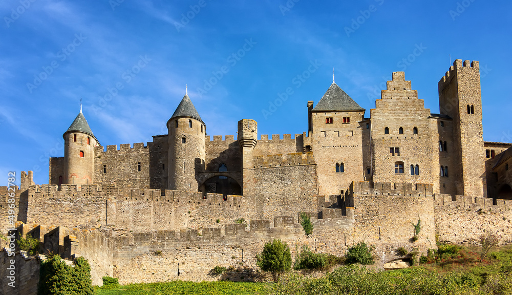 Fortified city of Carcassonne. The old stone wall and medieval citadel. Occitanie, France