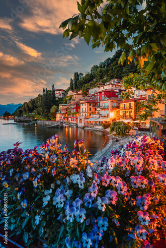 Village of Varenna on Lake Como at sunset with illuminated houses