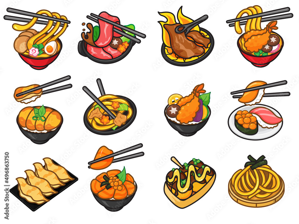 Japanese food icon vector. (Ramen, Shabu Shabu, Donburi, Yakisoba