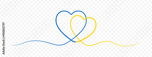 Blue yellow one line drawing two hearts in Ukraine flag colors. Continuous one line drawing of heart ribbon isolated on transparent background. Banner for support of Ukraine. Vector.