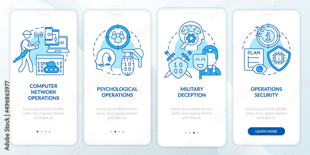 Information operations blue onboarding mobile app screen. Walkthrough 4 steps graphic instructions pages with linear concepts. UI, UX, GUI template. Myriad Pro-Bold, Regular fonts used