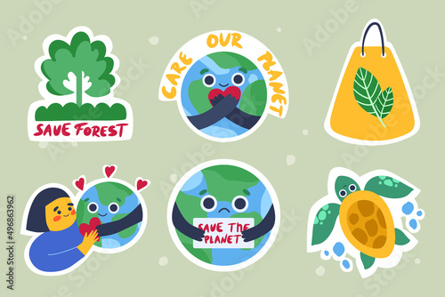 Ecology concept. Collection of cartoon stickers. Save the planet. Stop plastic. Vector illustration.