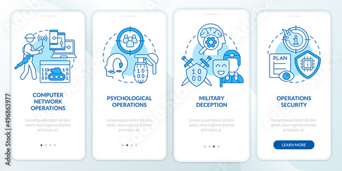 Information operations blue onboarding mobile app screen. Walkthrough 4 steps graphic instructions pages with linear concepts. UI, UX, GUI template. Myriad Pro-Bold, Regular fonts used