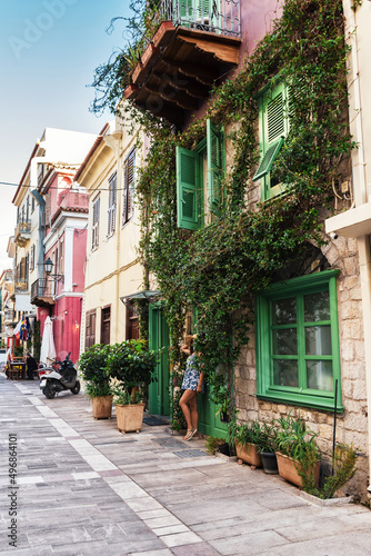 Historic beautiful buildings around the main square of Nafplio town in Greece