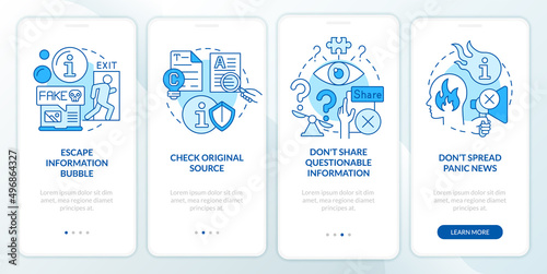 Fighting misinformation blue onboarding mobile app screen. Walkthrough 4 steps graphic instructions pages with linear concepts. UI, UX, GUI template. Myriad Pro-Bold, Regular fonts used