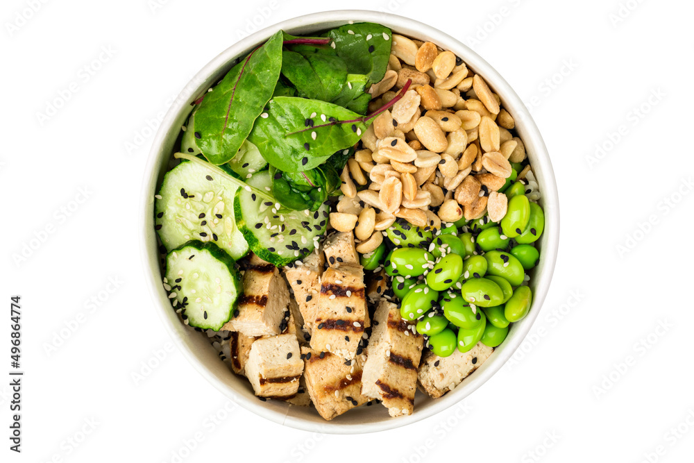 Poke bowl with tofu, cucumbers, salad leafs, edamame beans, spinach and peanuts on a white background. Top view. Poke bowl with tofu, cucumbers, salad leafs, edamame beans, spinach and peanuts on a white background. Top view.