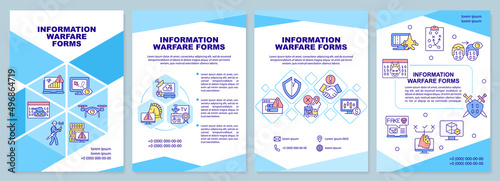 Infomation warfare forms blue brochure template. Adversary intelligence. Leaflet design with linear icons. 4 vector layouts for presentation, annual reports. Arial-Black, Myriad Pro-Regular fonts used