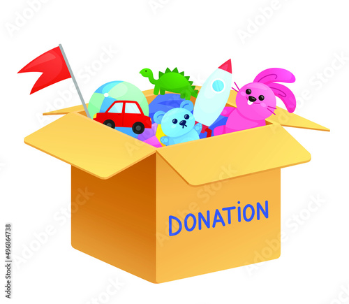 Charitable toys donation for kids: volunteer giving a donation box with lots of beautiful toys, solidarity and charity concept
