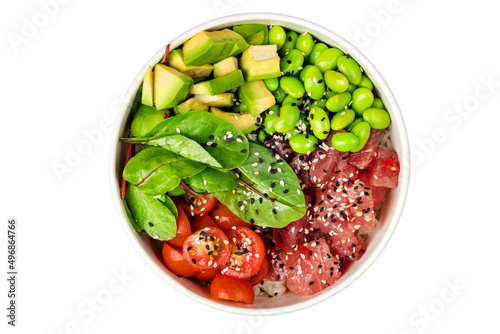 Poke bowl with tuna, salad leafs, edamame beans, avocado, cherry tomatoes and spinach on awhite background. Top view.