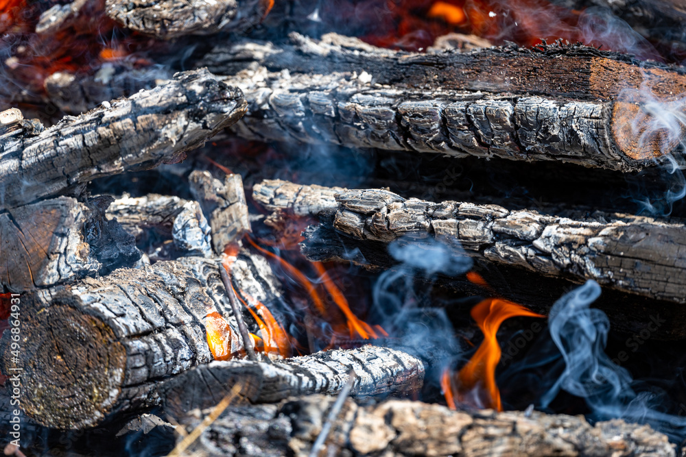 The hottest background. A fire blaze, heat and burning wood close-up.