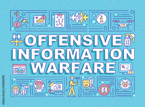 Offensive information warfare word concepts turquoise banner. Infographics with icons on color background. Isolated typography. Vector illustration with text. Arial-Black font used