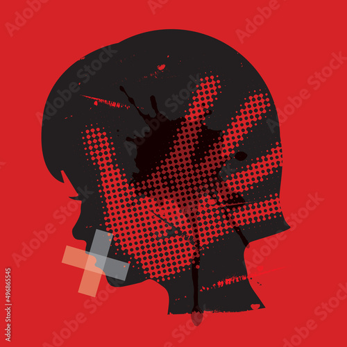 
Child, victim of violence. 
Little girl grunge silhouette with hand print on the face and with taped mouth. Vector available.