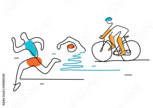 Triathlon cycling swimming , line art. Illustration of Triathlon athletes. Continuous Line Drawing . Vector available.