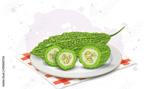 Bitter gourd vegetable and vegetable slices on plate vector illustration 