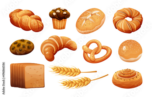 Various breads set. Bakery pastry products vector cartoon isolated on white
