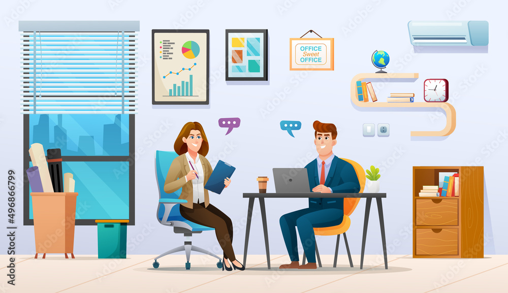 Businessman and businesswoman discussing a business strategy in office illustration