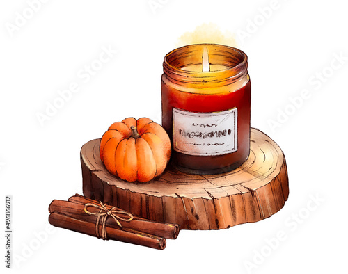 Watercolor trendy cozy autumn illustration: candle in a glass jar on wood, cinnamon sticks, pumpkin.  Hand drawn Hygge watercolor illustration for sticker, invitation, card